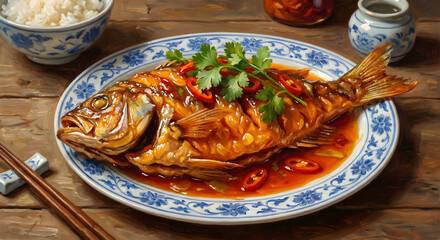 Whole deep-fried fish with sweet and sour sauce, served on a beautiful platter.