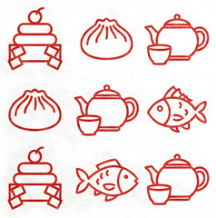 Red line icons set: dim sum, tea pot, and lucky fish on white textured paper.