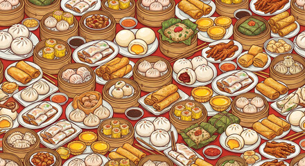 Dim sum doodle pattern: bao, dumplings, spring rolls, and egg tarts on red background.