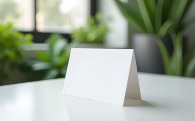 Mock up: white business card on the desktop. Around is a calm modern interior, green house plants. Concept of an eco-friendly workplace, home office. Mockup for business: ecology, realtor, designer, e