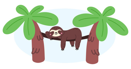 Obraz premium Cute cartoon sloth sleeps on branch or vine between two palm in jungle. Sleepy animal lying on hammock and napping. Beach relaxation. Mammal recreation on liana. Vector lazy character