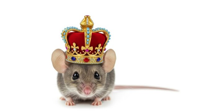 mouse wearing a gold ornate crown, queen or king crown, on a white background, animal photo