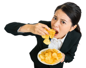 Stressed Businesswoman Eating Potato Chips