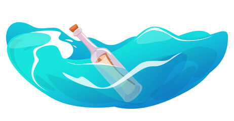 Bottle with letter inside is floating in sea. Ocean water wave. Help message for help from shipwrecked person. Nautical SOS note. Parchment scroll mail. Notice container. Vector concept