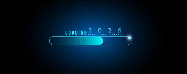 2026 Loading Progress Futuristic Neon Design for technology themes, New Year concepts, future innovation, digital transformation, and countdown graphics.