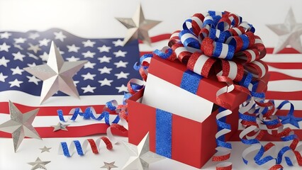 A vibrant red gift box adorned with a patriotic bow sits before a waving american flag and scattered star decorations