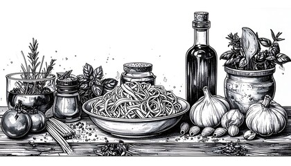 Detailed ink-sketch of food items arranged on a table, including pasta, herbs, garlic, and oil in a bottle