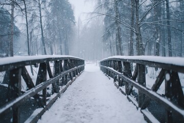 A wooden bridge covered in snow, surrounded by tall trees in a winter landscape, creating a serene and tranquil atmosphere.