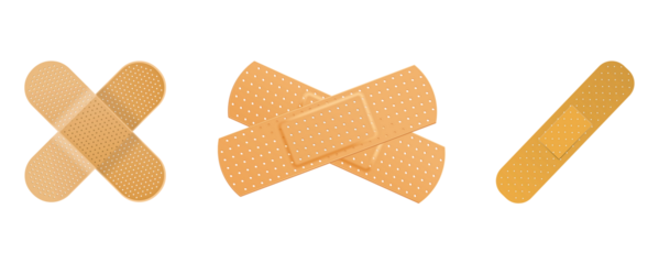 Three different arrangements adhesive bandages, often called plasters or bandaids, isolated