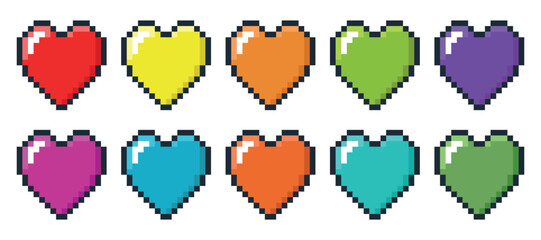 Multicolored pixel hearts. Love shape. 8 bit computer graphic icon of retro arcade game play life. Pixelated Valentines day 80s sign. Romance and passion. Vector color flat symbols set