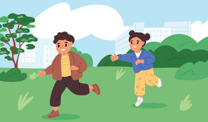 Little boy and girl playing together in city park. Children are running after each other. Active game in nature. Happy runners at meadow. Young people walk. Playful friends. Vector concept