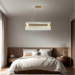Luxury modern bedroom with warm lights and chandelier