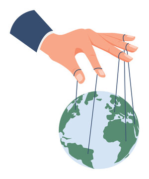 Hand holds Earth on strings from its fingers. Global manipulation. Worldwide domination. Countries at puppet threads. Puppeteer manipulating globe. Vector concept of secret control of world