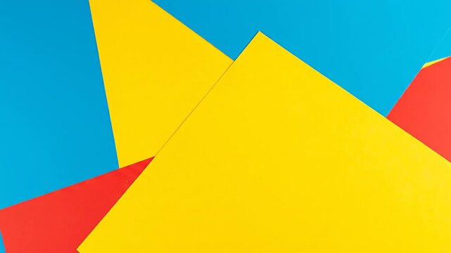 A vibrant abstract composition features intersecting sheets of primary colors, creating a dynamic, geometric aesthetic