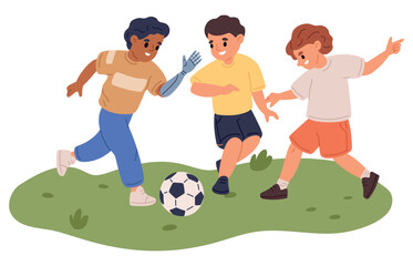 Cheerful boy with prosthetic arm happily plays soccer with his friends. Disabled player with artificial hand. Sport competition. Children running. Inclusive championship. Vector concept