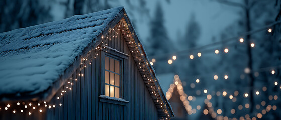 Close-up of a rustic cabin roof with snow and fairy lights