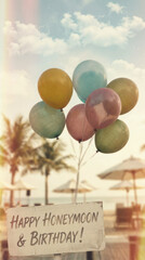 Obraz premium Happy honeymoon birthday balloons on tropical beach with palm tree, umbrellas and soft sunlight creating warm nostalgic celebration mood