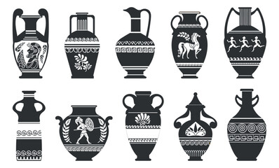 Ancient Greek vases of various shapes with national ornaments. Historical pottery. Vessels with Roman patterns. Archaeological crockery. Vector set of silhouettes of antique tableware