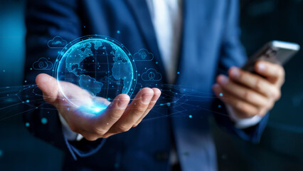 Businessman holds glowing digital earth symbolizing global connectivity and secure cloud technology management with mobile device