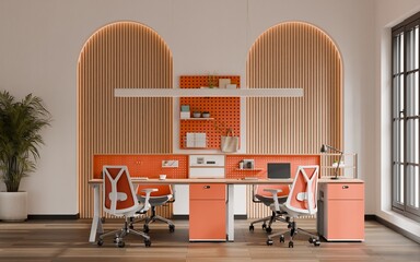 Modern Creative Workspace with Arch Wall Design and Workstations &ndash; 3D Render
