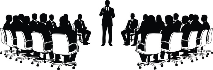 Obraz premium Black silhouette of a male speaker giving a presentation to an audience of business people sitting in office chairs, symbolizing a conference or seminar vector illustration.