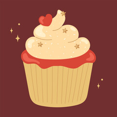cute creamy cupcake illustration with soft frosting, sprinkles, and tiny stars on a warm background. sweet and playful dessert artwork for bakery themes, festive designs, packaging, invitations