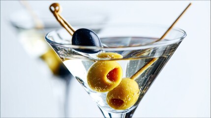 Clear martini glass with three olives on toothpick on white background 