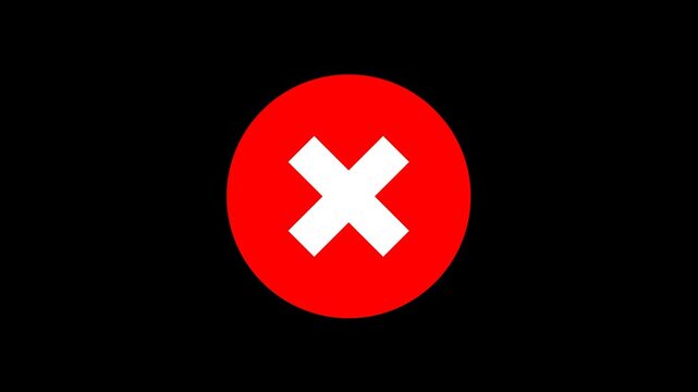 Animation of cross mark icon. red circle and white cross mark on black background.