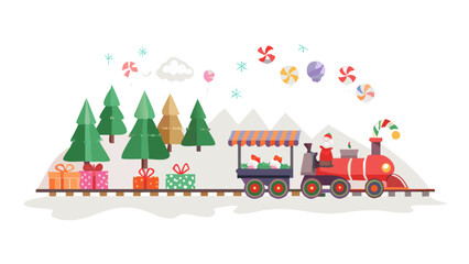 Obraz premium A cheerful Christmas train puffing candy-cane smoke as it travels through sugar mountains, lollipop trees, and glowing gumdrop tunnels.