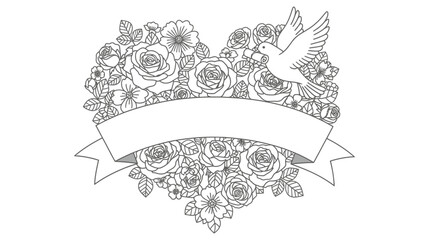 A heart-shaped arrangement of roses and other flowers with a dove carrying a sprig of leaves, and a banner for text.