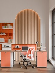 Modern Creative Workspace with Arch Wall Design and Workstations &ndash; 3D Render
