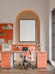 Modern Creative Workspace with Arch Wall Design and Workstations &ndash; 3D Render
