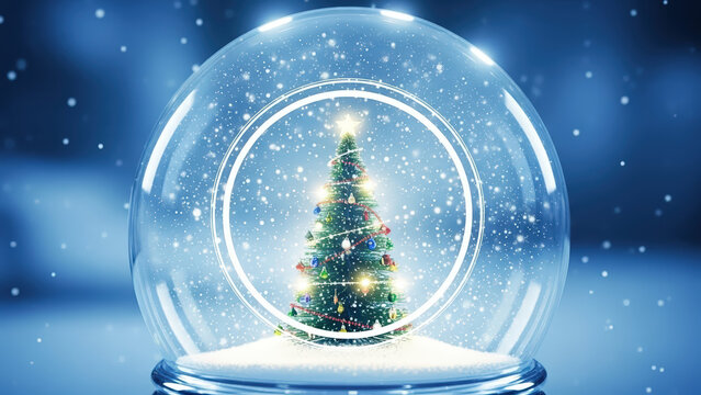 Blue Snow Globe Christmas Background with Tree and Lights - Powered by Adobe