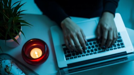 Overhead view of hands typing on a laptop with a glowing lamp nearby