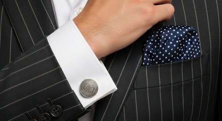 A man in a pinstripe suit adjusts his pocket square, showcasing his elegant cufflinks and sophisticated formal attire