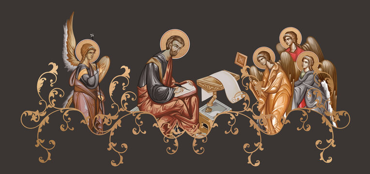 Apostle Luke. Decorative vintage border with angels, illustration in Byzantine style