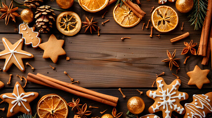 Flat lay of festive gingerbread cookies, dried oranges, cinnamon sticks, and star anise on a dark wooden table with space.