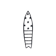 Surfboard logo icon sign. Hand drawn ink sketch. American flag style. Doodle cartoon design. Summer style Fashion print for clothes greeting invitation card flyer banner cover booklet wallpaper poster