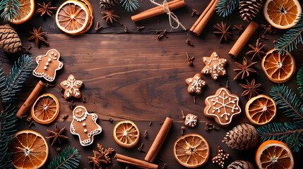 Flat lay of festive gingerbread cookies, dried oranges, cinnamon sticks, and star anise on a dark wooden table with space.