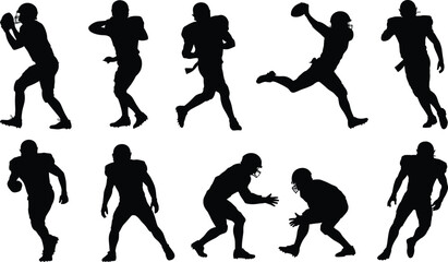 American football player silhouettes in action poses, running, passing, catching, tackling, dynamic athlete movements for sports design, training, competition concepts