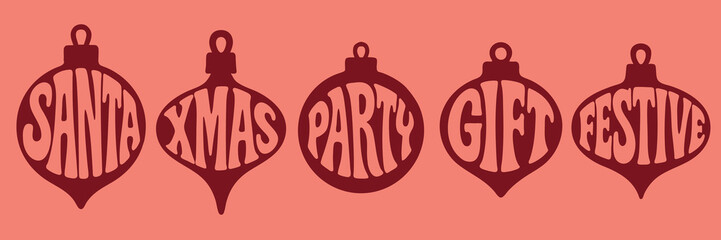 Retro Christmas bauble decorations with festive typography words in bold vintage style
