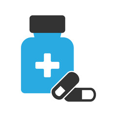 Obraz premium Medicine Bottle with Capsules in Blue and Black Style for Healthcare and Pharmaceutical Interface