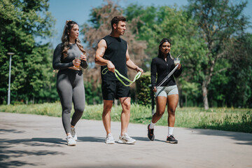Fototapeta premium A group of three diverse individuals engages in outdoor fitness routines and socializing.
