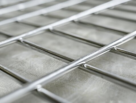 Close-up view of a metallic grid with parallel bars and reflective surface