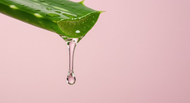 Fresh Aloe Vera Leaf with Dripping Gel on Pink Background, Natural Beauty