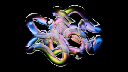Abstract tangled structure made of multicolored glass tubes or iridescent hoses, isolated on black background. Colorful gradients with holographic effect. Digital 3D illustration