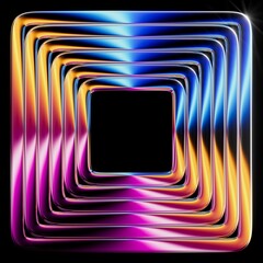Abstract simple shape, square frame of reflective glass tubes, shifting with rainbow gradients and glowing metallic sheen, isolated on black background. Digital 3D illustration