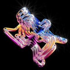 Futuristic shape of twisted iridescent glass pipes, merged in a tangled cluster, isolated on black background. Digital 3D illustration