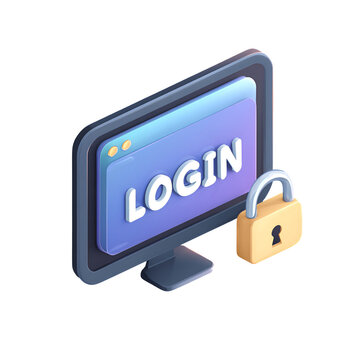An isometric 3D rendered computer monitor displaying a blue 'login' screen, accompanied by a golden padlock, representing secure digital access and online authentication services.