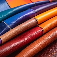 Colorful stacked leather pieces showcase texture and rich hues in an artistic, abstract pattern